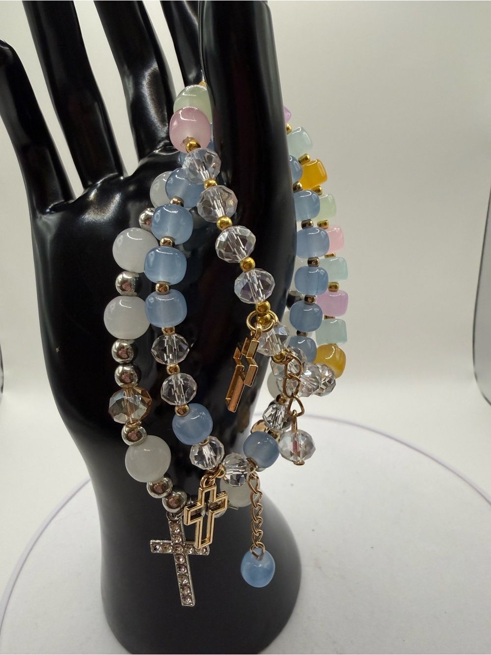 Three Pastel Multi-Strand Bead Bracelet with Cross Charms - Blue & Pastel